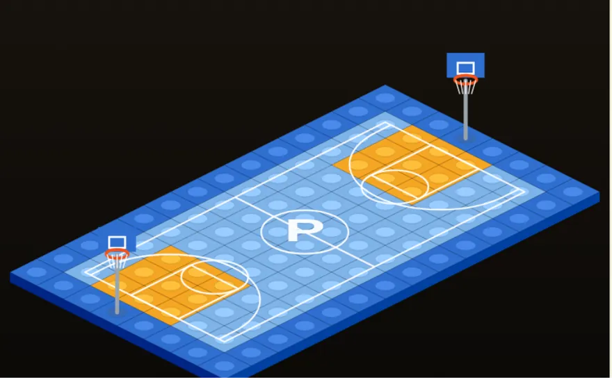 An isometric brick-built basketball court with two hoops and a bus, from the Brick by Brick builder