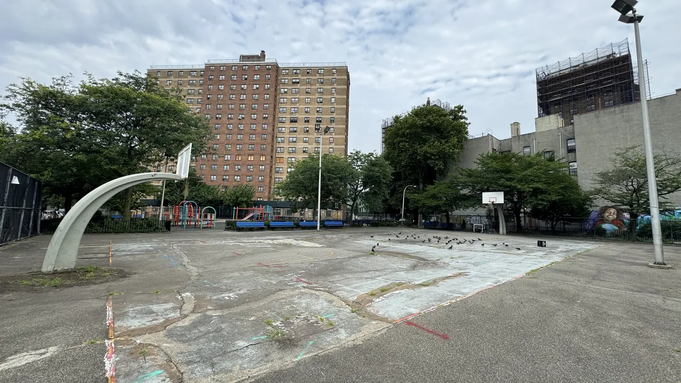 A cracked, unpainted concrete court at Roosevelt Houses with faded markings, pigeons gathered at one end and a tower block behind